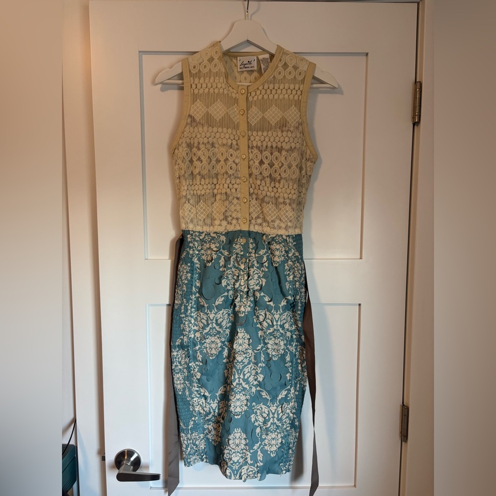 Byron Lars Dress 2 Beguile Laser Cut Lace Smocked Aqua Cream Dress
